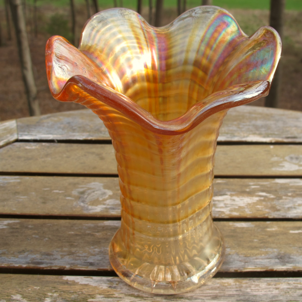Antique Imperial Marigold Ripple Carnival Glass Mini-Vase SQUAT SHORT WOW!