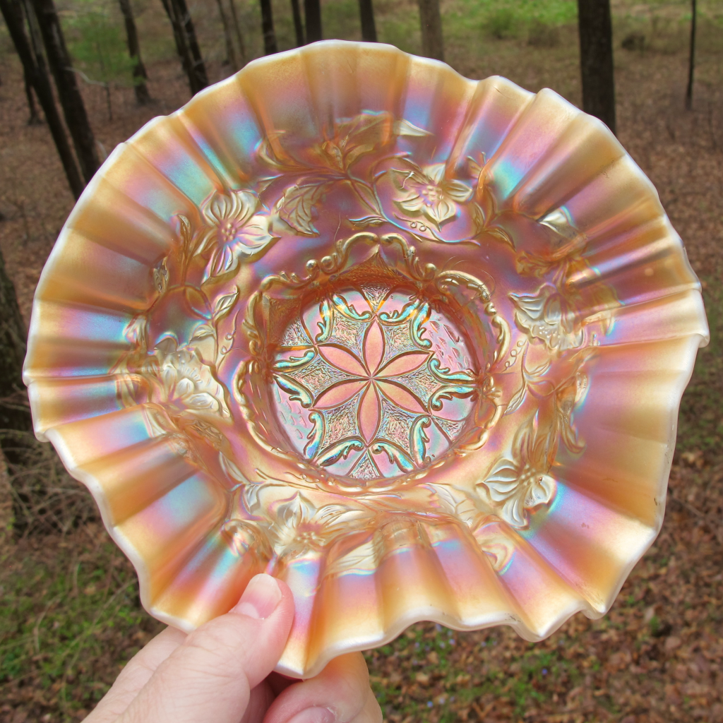 Antique Dugan Six Petals Peach Opal Carnival Glass Bowl Carnival Glass