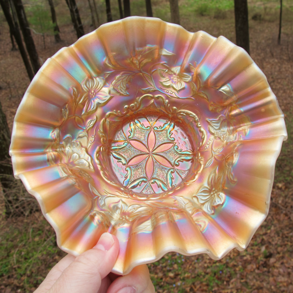 Antique Dugan Six Petals Peach Opal Carnival Glass Bowl