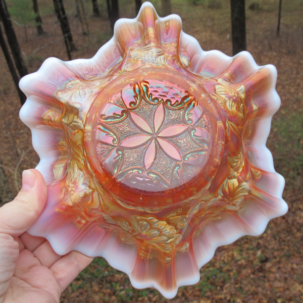 Antique Dugan Six Petals Peach Opal Carnival Glass Bowl