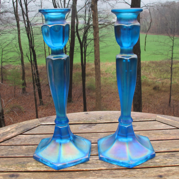 Antique Northwood Sapphire Blue Colonial Carnival Stretch Glass Candleholders #696
