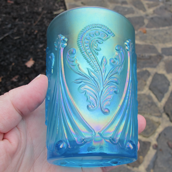 St. Clair Ice Blue Inverted Fan & Feather Carnival Glass Tumbler