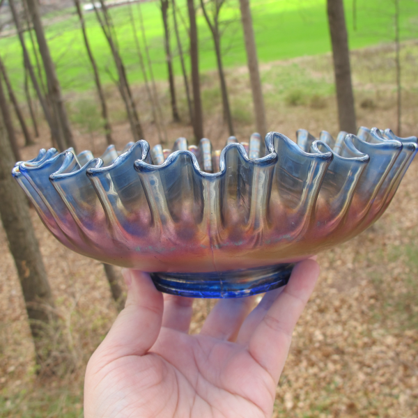 Antique Fenton Blue Captive Rose Carnival Glass CRE Bowl