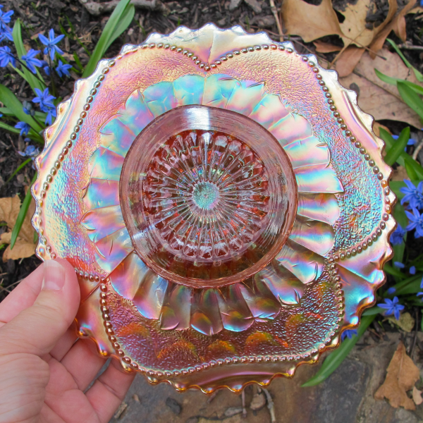 Antique Dugan Fishscales and Beads Marigold Carnival Glass Plate
