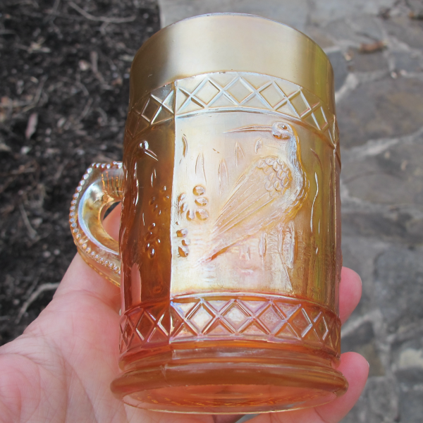 Antique Dugan Stork & Rushes Lattice Band Marigold Carnival Glass Mug