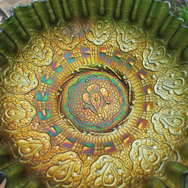Antique Fenton Persian Medallion Green Carnival Glass CRE Bowl