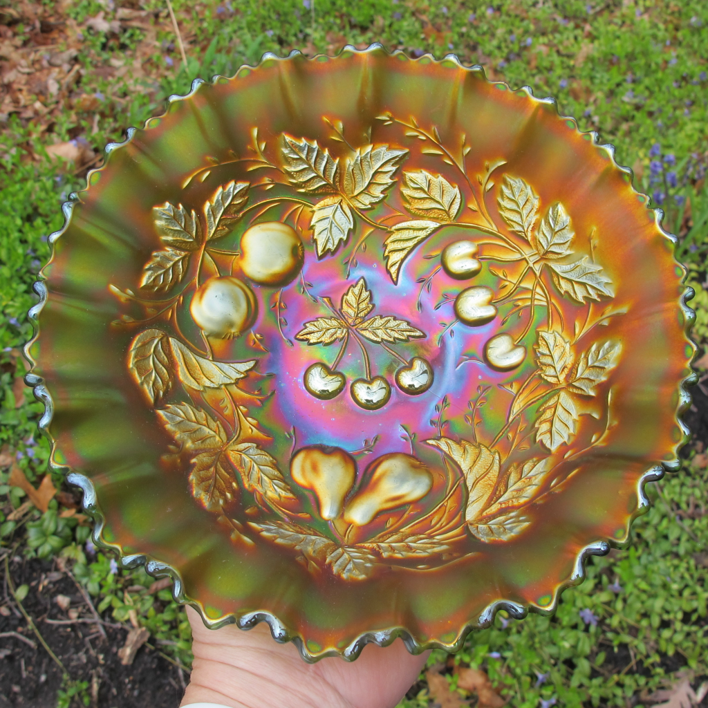 Antique Northwood Green Three Fruits Carnival Glass PCE Bowl Carnival