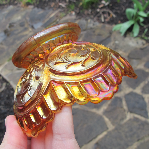 Antique Dugan Circle Scroll Pumpkin Marigold Carnival Glass Small Bowl