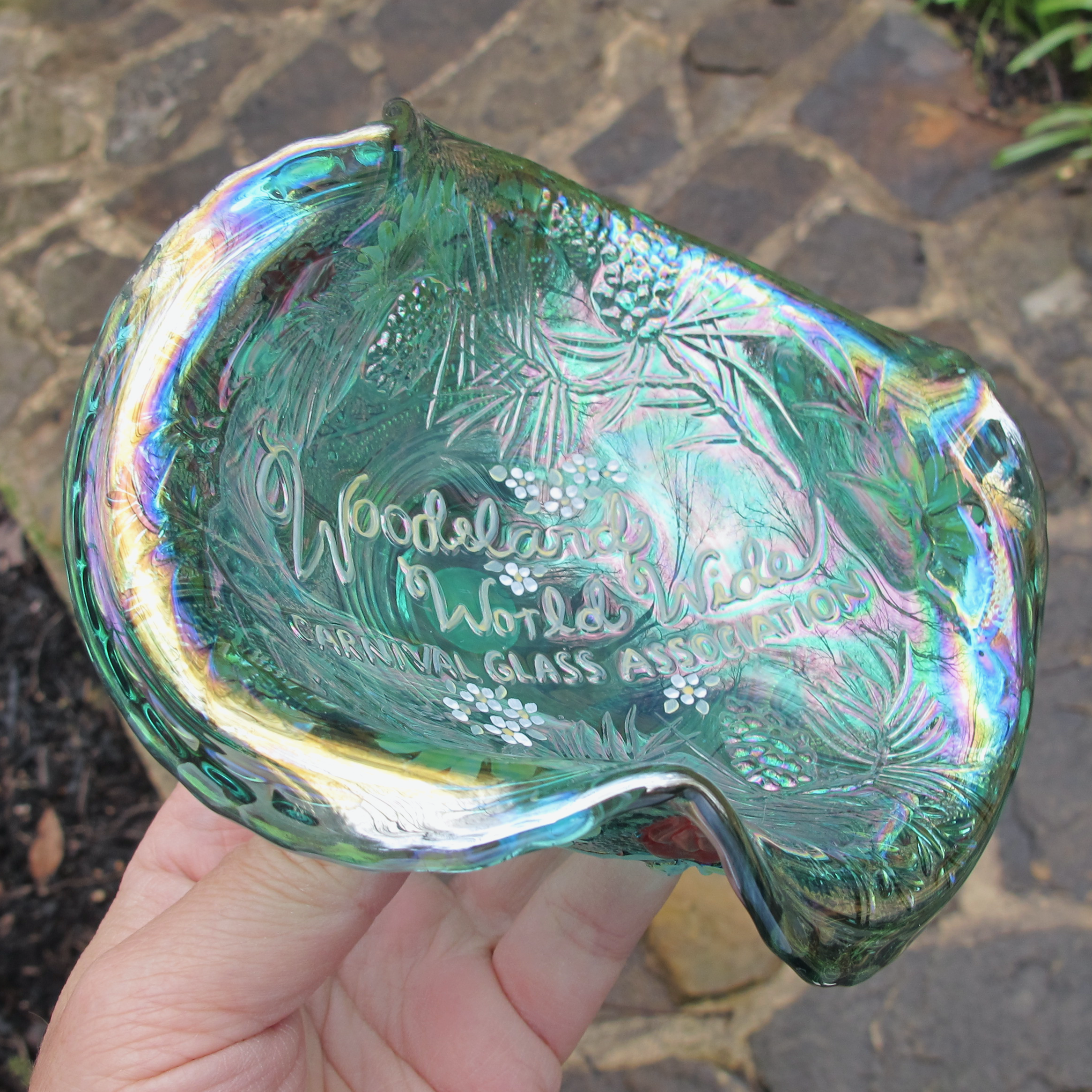 Fenton Teal Woodsland Pine Painted Carnival Glass Bowl Whimsey - Multicolored Paint! Fenton Teal Woodsland Pine Painted Carnival Glass Bowl Whimsey - Multicolored Paint!