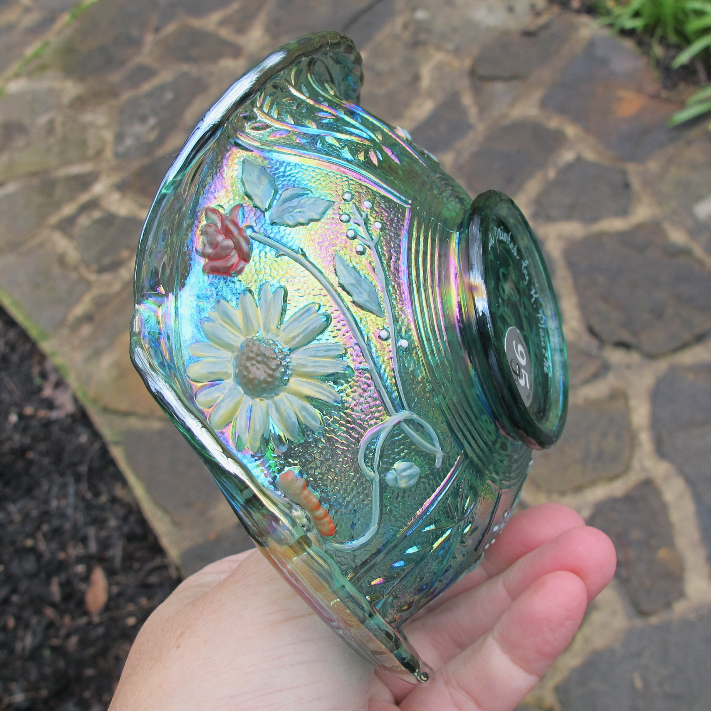 Fenton Teal Woodsland Pine Painted Carnival Glass Bowl Whimsey - Multicolored Paint! Fenton Teal Woodsland Pine Painted Carnival Glass Bowl Whimsey - Multicolored Paint!