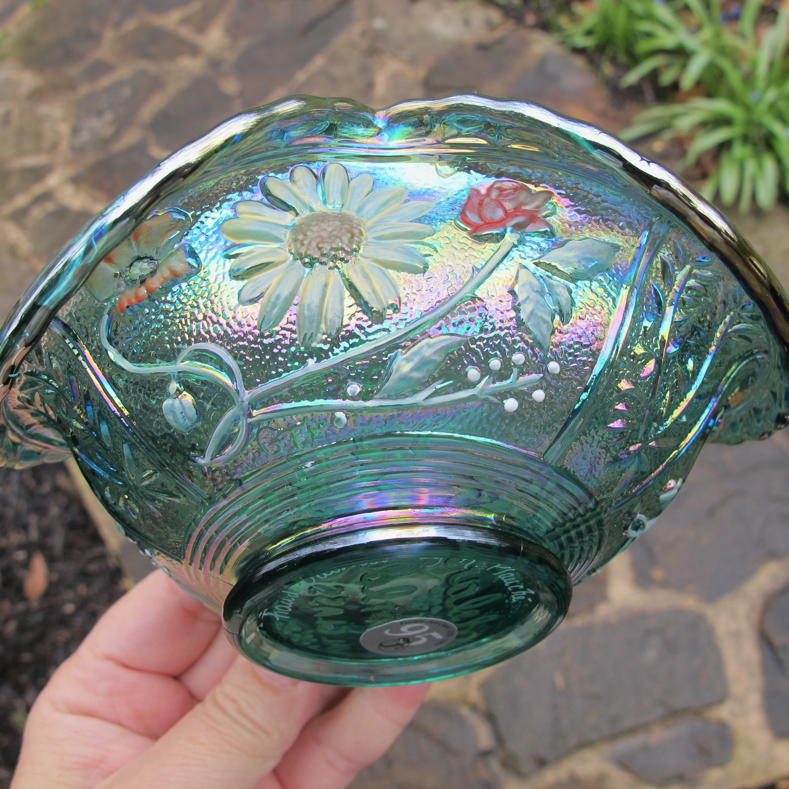 Fenton Teal Woodsland Pine Painted Carnival Glass Bowl Whimsey - Multicolored Paint! Fenton Teal Woodsland Pine Painted Carnival Glass Bowl Whimsey - Multicolored Paint!