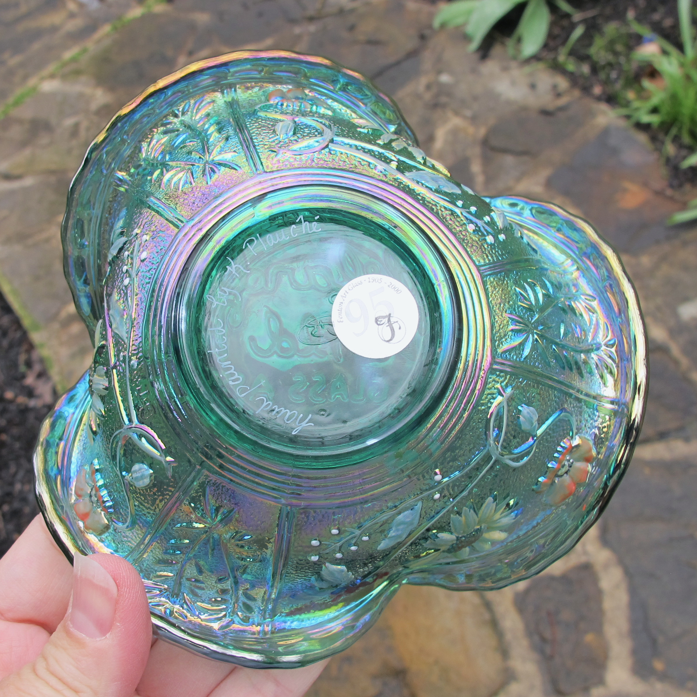 Fenton Teal Woodsland Pine Painted Carnival Glass Bowl Whimsey - Multicolored Paint! Fenton Teal Woodsland Pine Painted Carnival Glass Bowl Whimsey - Multicolored Paint!
