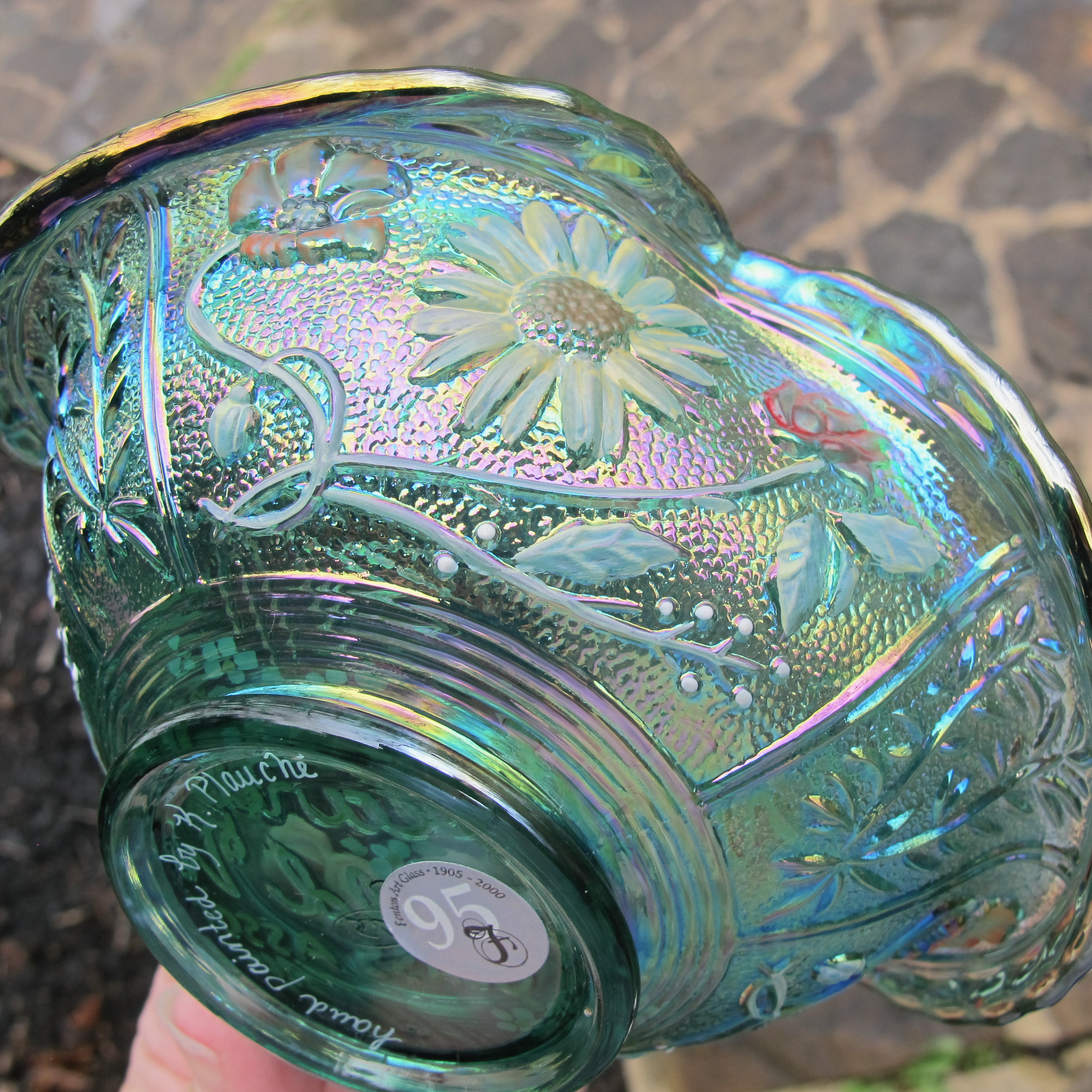 Fenton Teal Woodsland Pine Painted Carnival Glass Bowl Whimsey - Multicolored Paint! Fenton Teal Woodsland Pine Painted Carnival Glass Bowl Whimsey - Multicolored Paint!