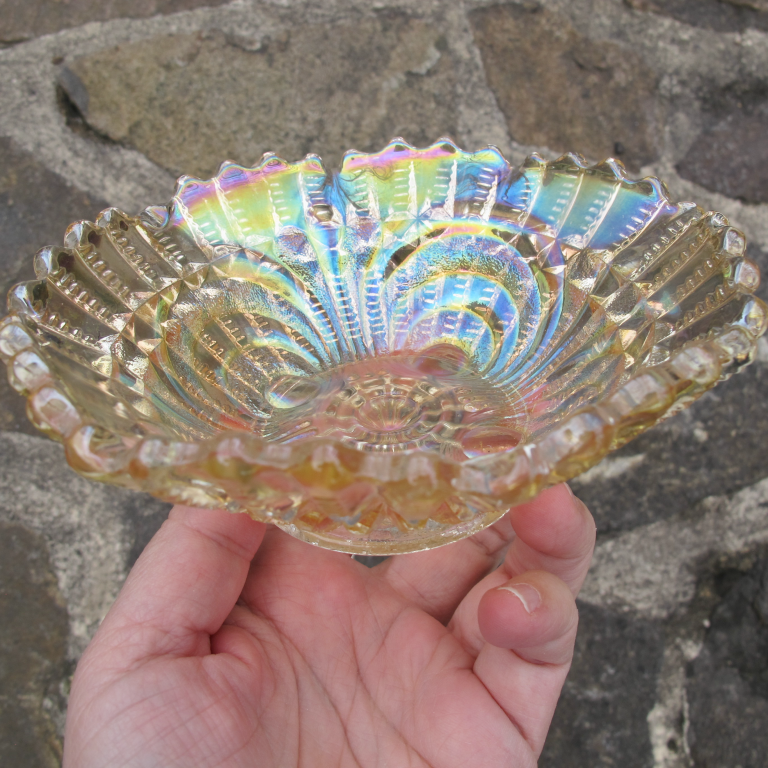 Antique Imperial Clambroth Scroll Embossed Carnival Glass Bowl