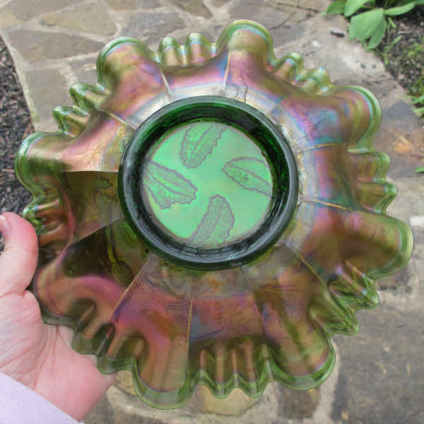 Antique Fenton Green Thistle Carnival Glass 3N1 Bowl