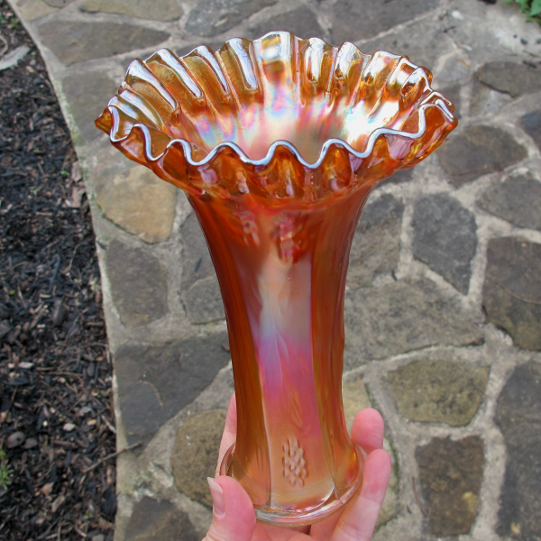Antique Fenton Butterfly & Berry Marigold Carnival Glass Crimped Top Vase