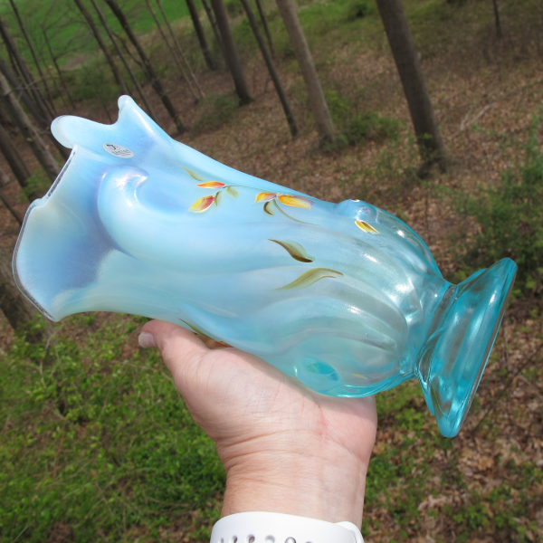 Fenton Handpainted Tadpoles & Flowers Aquamarine Opalescent Stretch Carnival Glass Vase
