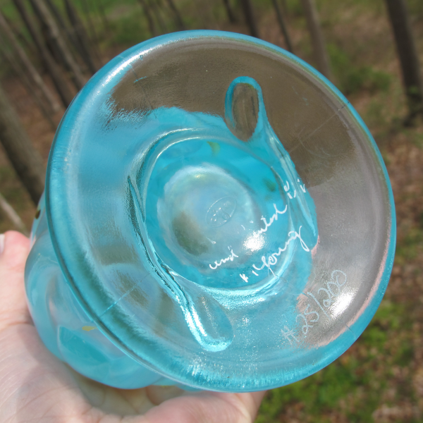 Fenton Handpainted Tadpoles & Flowers Aquamarine Opalescent Stretch Carnival Glass Vase