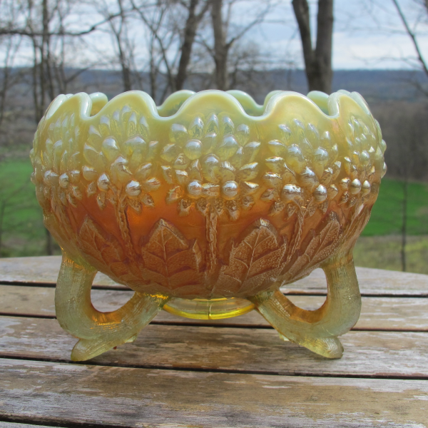 Antique Fenton Fenton's Flowers Vaseline Opal Carnival Glass Rose Bowl Lime Green