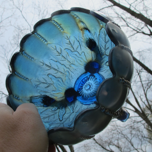 Antique Northwood Renninger Blue Leaf and Beads Carnival Glass Rose Bowl