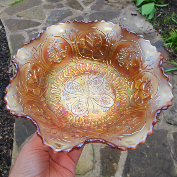 Antique Fenton Dragon & Lotus Marigold Carnival Glass Footed Bowl