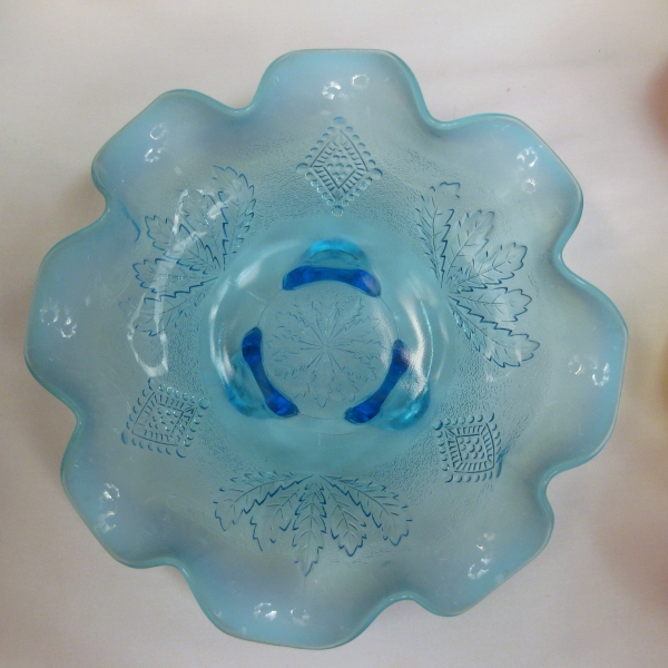 Antique Jefferson Blue Opalescent Glass Leaf and Diamonds Footed Bowl