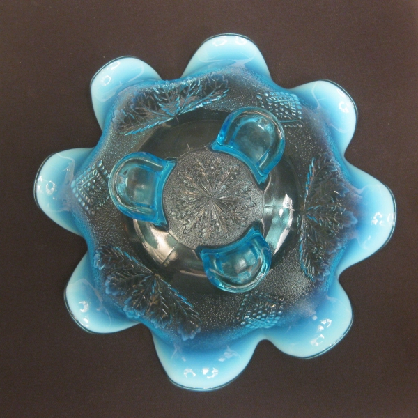 Antique Jefferson Blue Opalescent Glass Leaf and Diamonds Footed Bowl