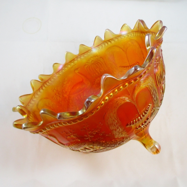 Antique Northwood Marigold Peacock at the Fountain Carnival Glass Fruit Bowl