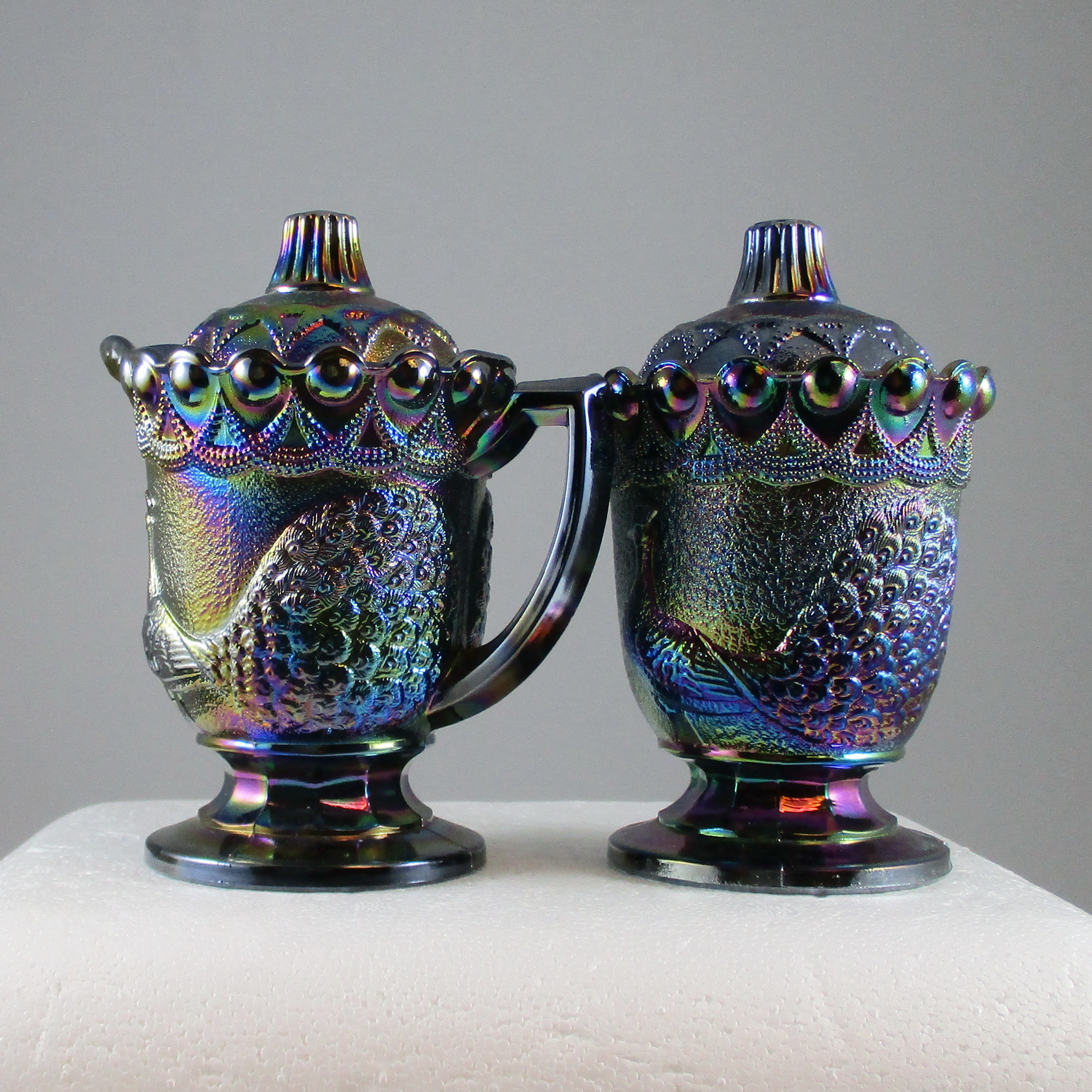 Westmoreland for Levay Amethyst Strutting Peacocks Carnival Glass Cream