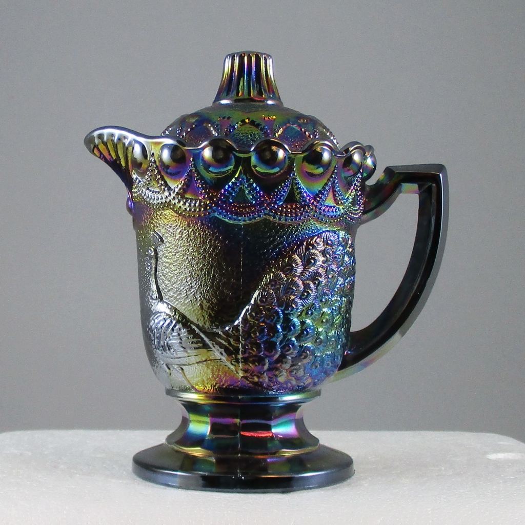 Westmoreland for Levay Amethyst Strutting Peacocks Carnival Glass Cream