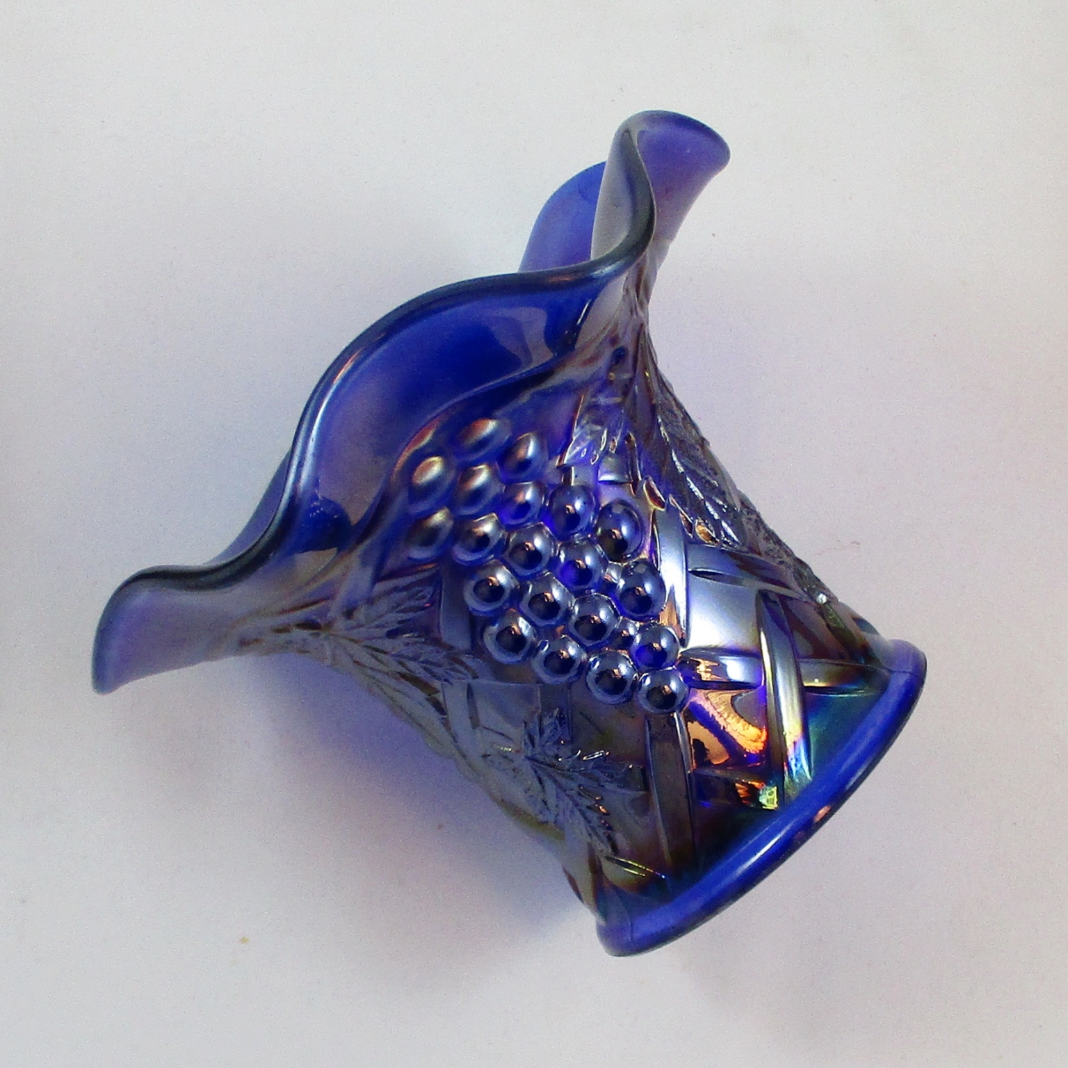 Antique Northwood Cobalt Blue Grape Arbor Carnival Glass Hat Vase