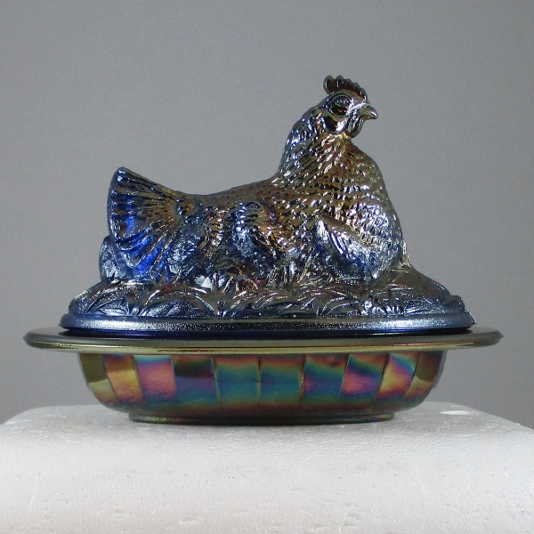 Antique Sowerby Blue Covered Hen on Nest Carnival Glass Butter Dish
