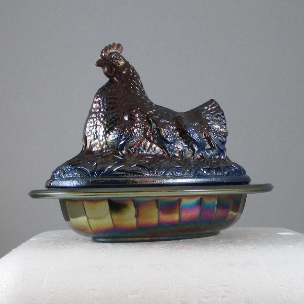 Antique Sowerby Blue Covered Hen on Nest Carnival Glass Butter Dish