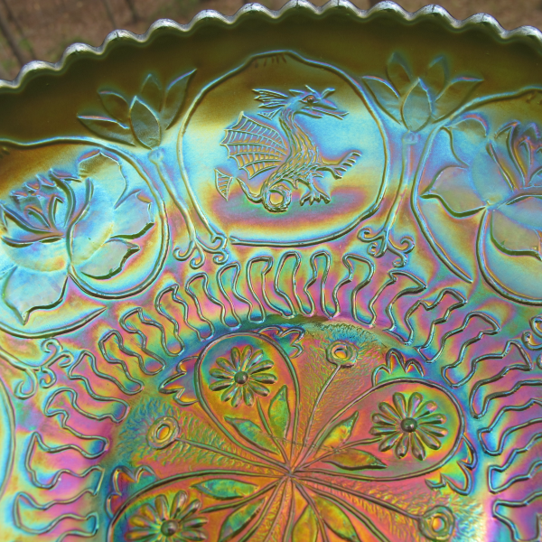 Antique Fenton Emerald Green Dragon & Lotus Carnival Glass ICS Footed Bowl