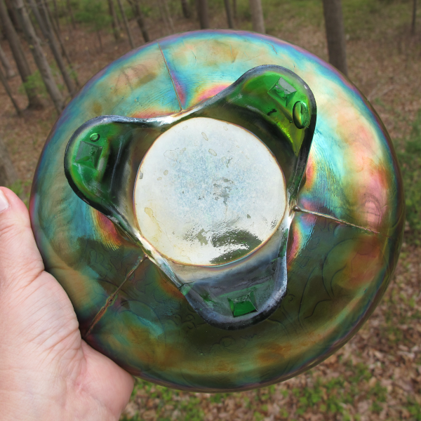 Antique Fenton Emerald Green Dragon & Lotus Carnival Glass ICS Footed Bowl