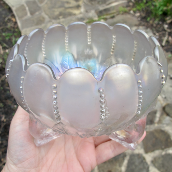 Antique Northwood White Leaf and Beads Carnival Glass Rose Bowl