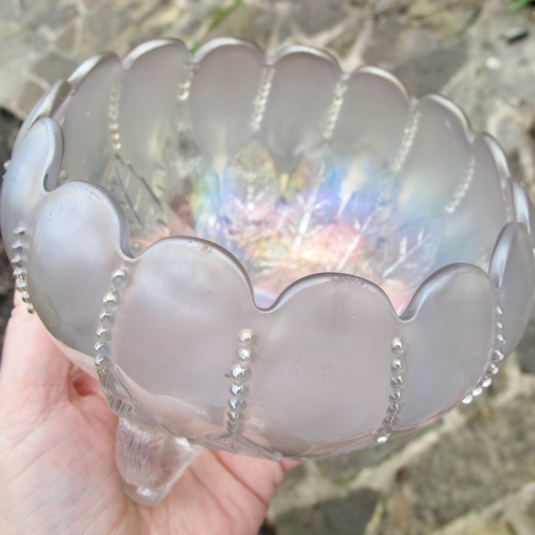 Antique Northwood White Leaf and Beads Carnival Glass Rose Bowl