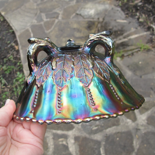 Antique Northwood Leaf & Beads Amethyst Carnival Glass Flared Nut Bowl Beaded Rim