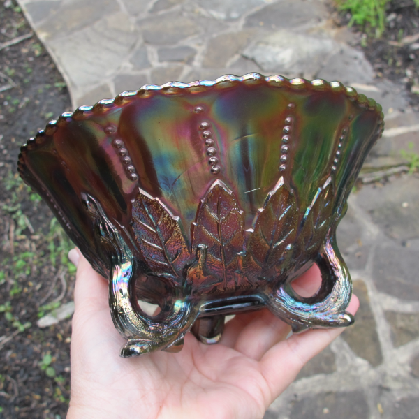 Antique Northwood Leaf & Beads Amethyst Carnival Glass Flared Nut Bowl Beaded Rim