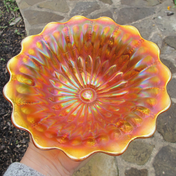 Antique Northwood Leaf & Beads Pumpkin Marigold Carnival Glass Flared Nut Bowl