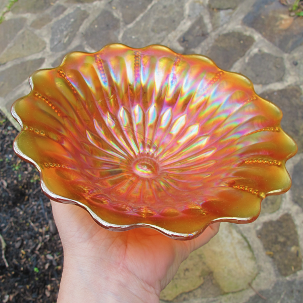 Antique Northwood Leaf & Beads Pumpkin Marigold Carnival Glass Flared Nut Bowl