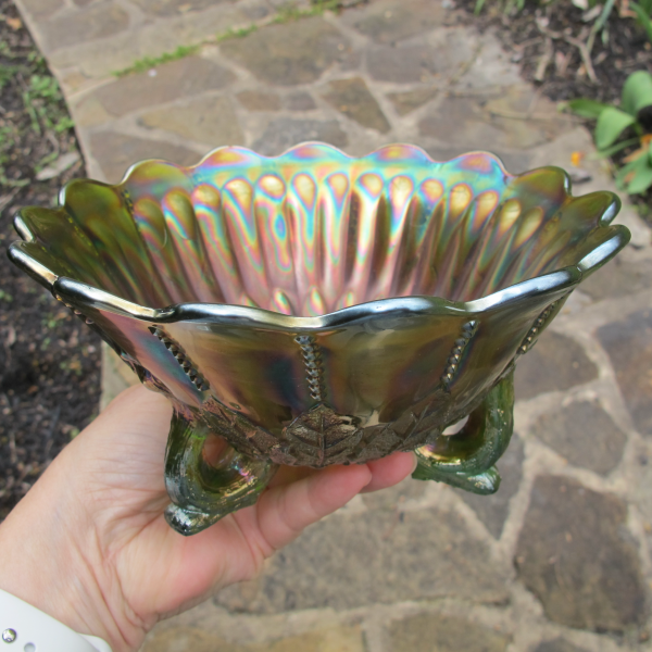 Antique Northwood Leaf & Beads Green Carnival Glass Flared Nut Bowl