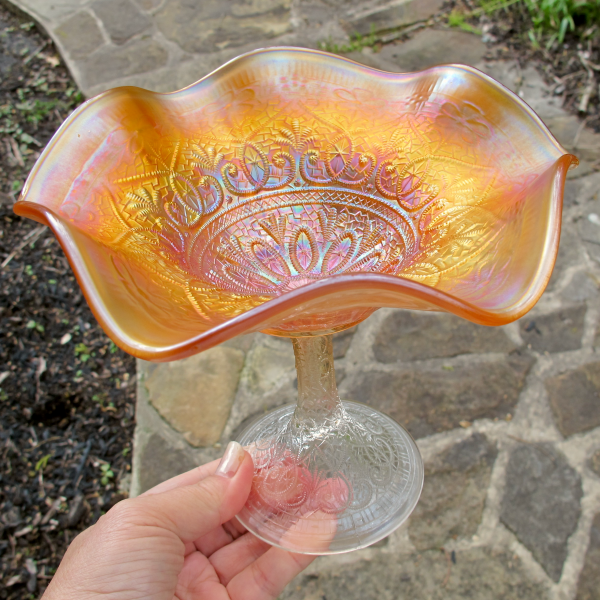 Antique Northwood Hearts and Flowers Marigold Carnival Glass Compote