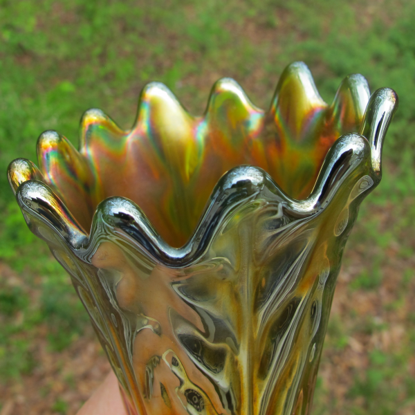 Antique Northwood Leaf Columns Green Carnival Glass Vase