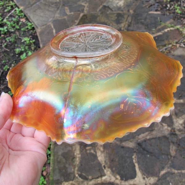 Antique Fenton Peach Opal Dragon & Lotus Carnival Glass Bowl