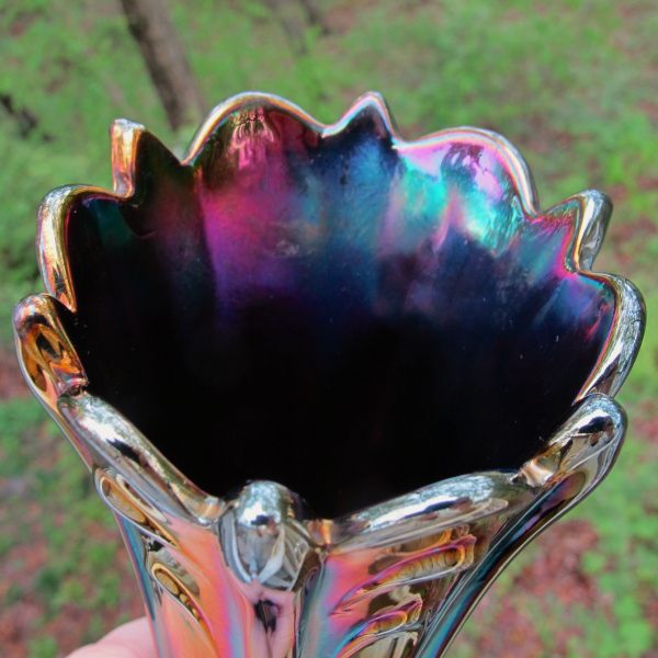 Antique Dugan Diamond Amethyst Pulled Loop Carnival Glass Vase