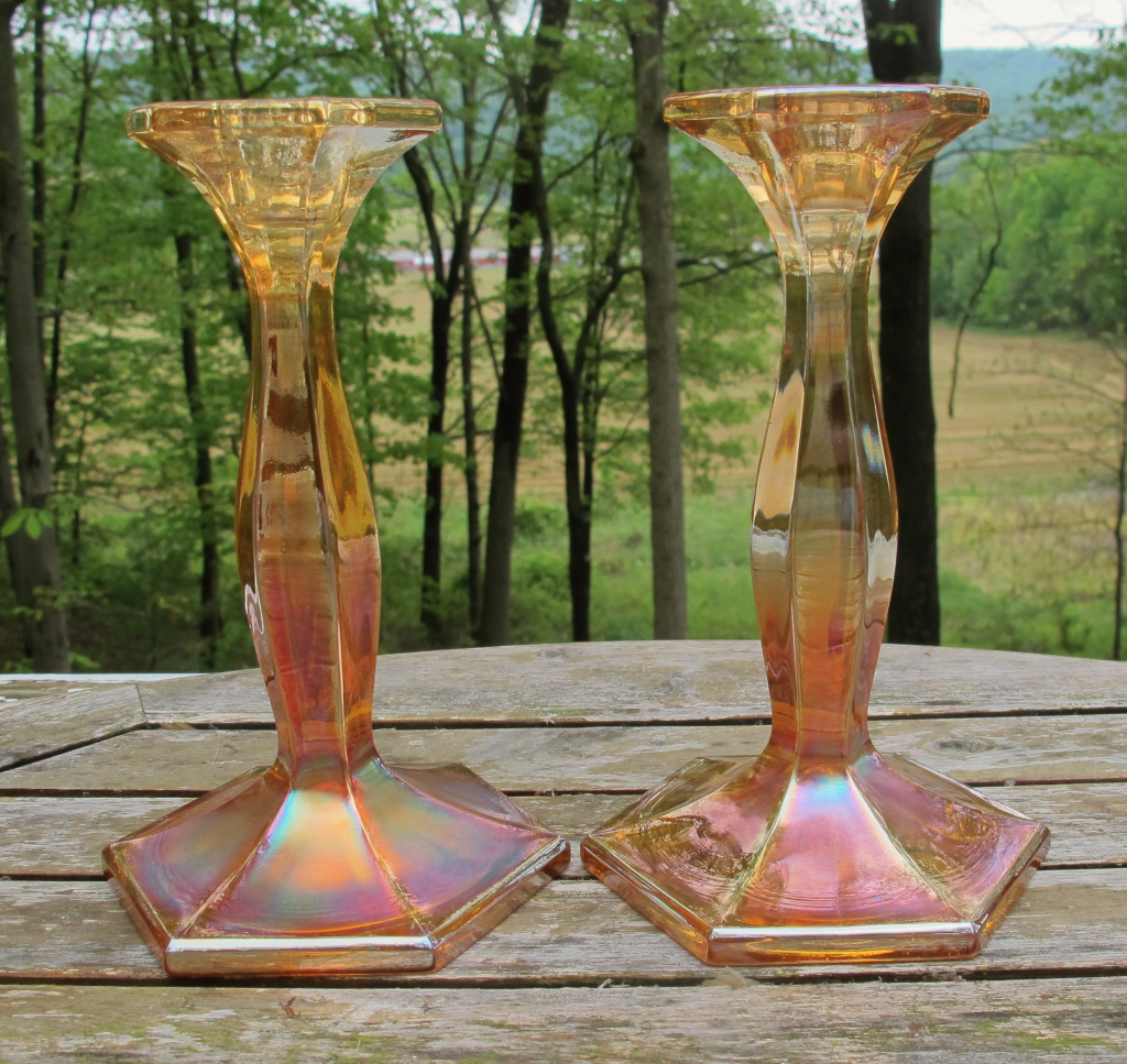 Antique Fenton Portly Grecian Gold Stretch Carnival Glass Candleholders