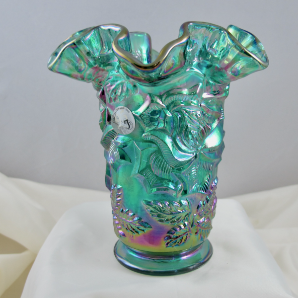 Fenton Spruce Green Wild Rose Art Carnival Glass Crimped Vase