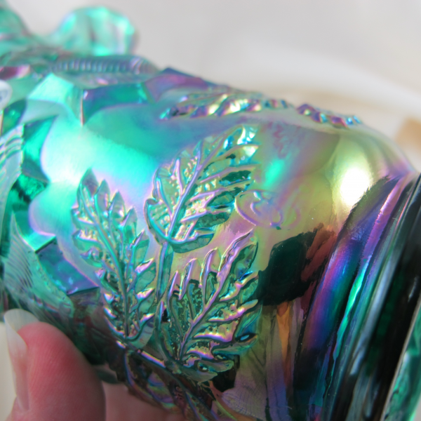 Fenton Spruce Green Wild Rose Art Carnival Glass Crimped Vase