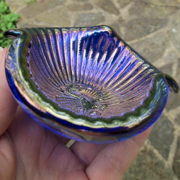 Fenton Blue Dragon Stippled Rays Carnival Glass Tri-corner Miniature Bowl